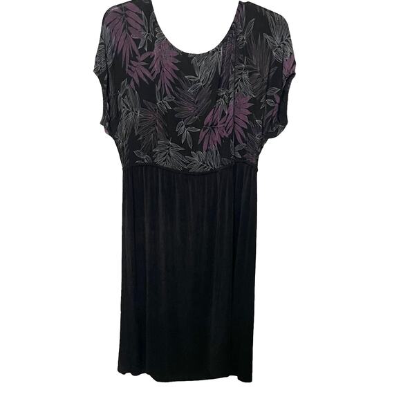 YUMMY PLUS SCOOP NECK MIDI A-LINE WAIST DRESS, WOMENS, 2X, BLACK W/PURPLE FLORAL - Picture 5 of 10